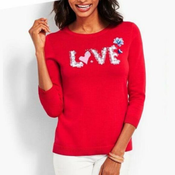 Talbots Red Embellished Love Sweater Size XL EUC P2P 23 Length 25 in - Picture 1 of 11